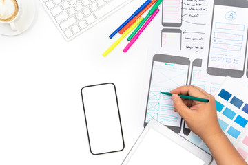 Wall Mural - working desk with hand sketching of screens for mobile responsive website development with ui/ux. de