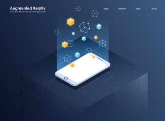 Augmented reality concept isometric banner. Flat design template for mobile app and website. Virtual reality isometric illustration.