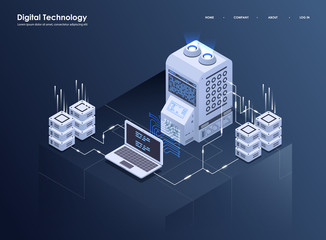 Concept of big data processing, Isometric data center, vector information processing and storage. Creative illustration with abstract geometric elements.