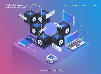 Software development and programming. Coding creative program or system process. Flat isometric illustration.