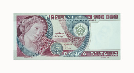 Old Italian currency notes issued by Bank of Italy in 1978. 100.000 Lire banknote.  ,called 