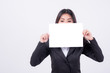 © interstid - woman holding white blank paper cover her face