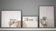 © ArchiVIZ - Three modern mirrors on shelf or desk reflecting interior design scene, classic vintage bedroom, minimalist white architecture interior design