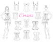 Corsets collection with beautiful fashion models, vector illustration.