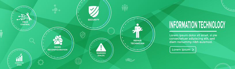 Wall Mural - Information technology Web Header Banner with Wrench, Repairman, computer icons, etc