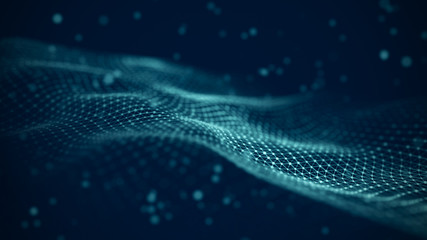 Data technology illustration. Abstract futuristic background. Wave with connecting dots and lines on dark background. Wave of particles.
