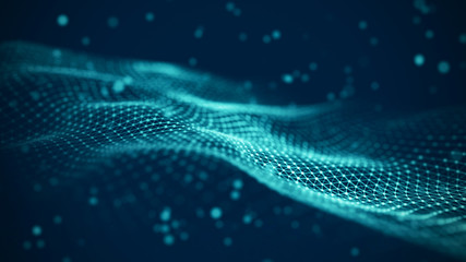 Data technology illustration. Abstract futuristic background. Wave with connecting dots and lines on dark background. Wave of particles.