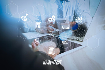 Poster - Business team meeting present. Photo professional investor working with new startup project. Finance managers meeting.Digital tablet laptop computer design smart phone using, Sun flare effect