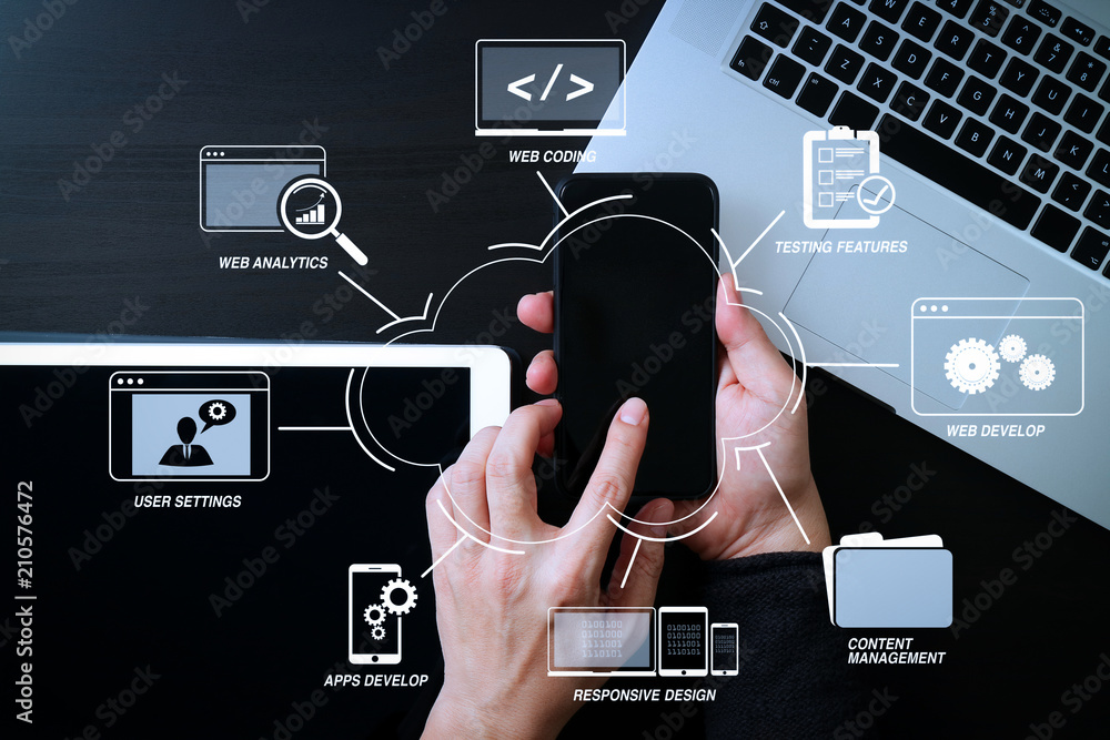 cyber security internet and networking concept.Businessman hand working with mobile phone on laptop computer background - obrazy, fototapety, plakaty 