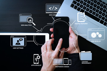 Wall Mural - cyber security internet and networking concept.Businessman hand working with mobile phone on laptop computer background