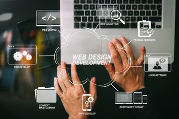 Poster - cyber security internet and networking concept.Businessman hand working mobile phone on laptop computer background