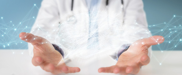 Poster - Doctor holding digital brain interface 3D rendering