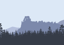 Ruins Of A Medieval Castle On A High Rock, Between Hills And Forests - Vector, Strecno