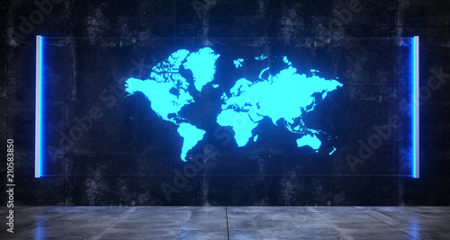 Futuristic Sci Fi Concrete Dark Room With World Map On