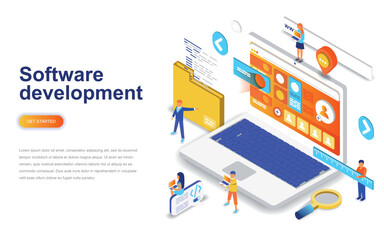 Software development modern flat design isometric concept. Developer and people concept. Landing page template. Conceptual isometric vector illustration for web and graphic design.