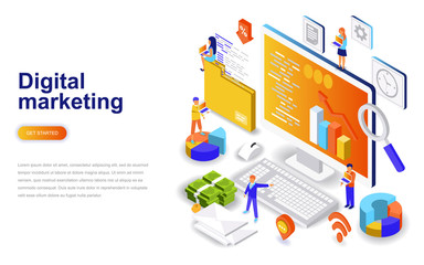 Digital marketing modern flat design isometric concept. Advertising and people concept. Landing page template. Conceptual isometric vector illustration for web and graphic design.