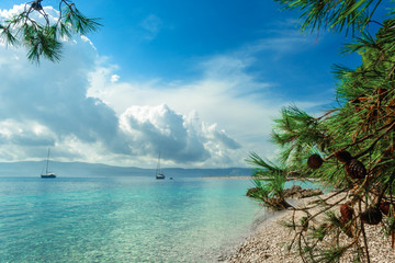 Wall Mural - Beautiful sea view with beach Zlatni rat in Bol, Island Brac, Croatia