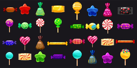 Supe set of different sweets on black background hard candies dragee jelly beans peppermint candy. Vector illustration,