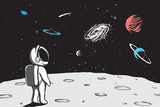 Fototapeta Fototapety kosmos - Astronaut looks to universe from planet.Hand drawn vector illustration
