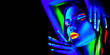 Fashion model woman in neon light, portrait of beautiful model girl with fluorescent makeup, Body art design in UV, painted face, colorful make up, over black background
