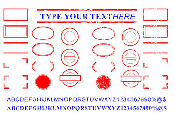 template red and blue alphabet, number, percent, dollar, dot, star, rectangle, lines oval circle rubber stamp effect