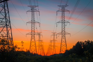 OTTAWA, ONTARIO / CANADA - JUNE 10 2018: ELECTRICAL POWER LINE AT SUNRISE