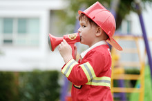 Boy Playing As Fireman Police Occupation In Kindergarten Class, Kid Occupation, Education Concept