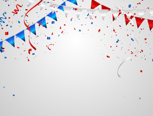 Celebration background template with confetti and red and blue ribbons.