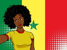 African American Girl Makes Selfie In Front Of National Flag Senegal In Pop Art Style Illustration. Element Of Sport Fan Illustration For Mobile And Web Apps