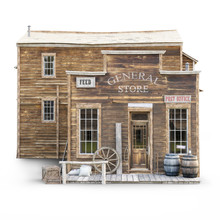 Western Town Rustic General Store On An Isolated White Background. 3d Rendering