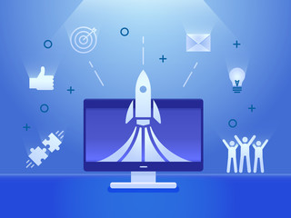 Rocket launch on a computer screen with business icons banner. Vector illustration concept for startups, teamwork, business, social media, creative strategies, advertisement