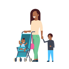 Wall Mural - african mother with new born baby children in stroller full length avatar on white background, successful family concept, flat cartoon design vector illustration