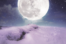 Landscape At Snowfall With Super Moon. Serenity Nature Background.