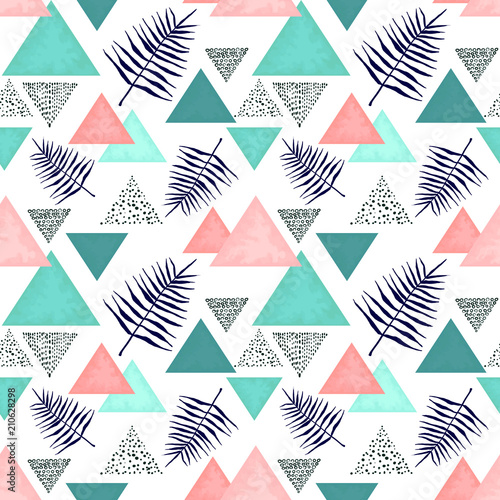 Fototapeta na wymiar Seamless Pattern of Indigo Ferns and Triangles