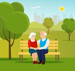 Wall Mural - Old family  in nature sitting on bench  in the park. Grandfather and grandmother. Vector flat illustration