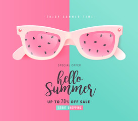 Wall Mural - summer sale bright color background layout banners .watermelon sunglasses concept.voucher discount.v
