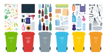 Rubbish Bins For Recycling Different Types Of Waste. Sort Plastic, Organic, E-waste, Metal, Glass, Paper. Vector Illustration.