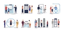 Set Of People Standing Beside Commercial Promotional Stands, Trying Product Samples, Talking To Consultants And Promoters Advertising Goods Or Services At Trade Fair. Flat Cartoon Vector Illustration.