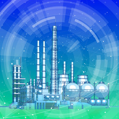 modern chemical manufacturing plant on a blue technological background with a stylized digital wave - the concept of modern technology, the new industrial revolution & information technology / vector