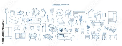 Cuadros en Lienzo Collection of elegant modern furniture and home interior decorations of trendy Scandinavian or hygge style hand drawn with blue contour lines on white background