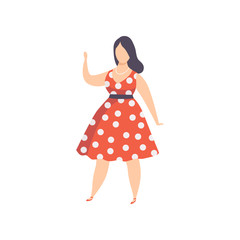 Poster - Curvy, overweight girl in red polka dot retro dress, beautiful plus size fashion woman, body positive vector Illustration on a white background