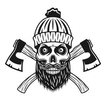 Lumberjack Skull In Knitted Hat With Beard, Axes