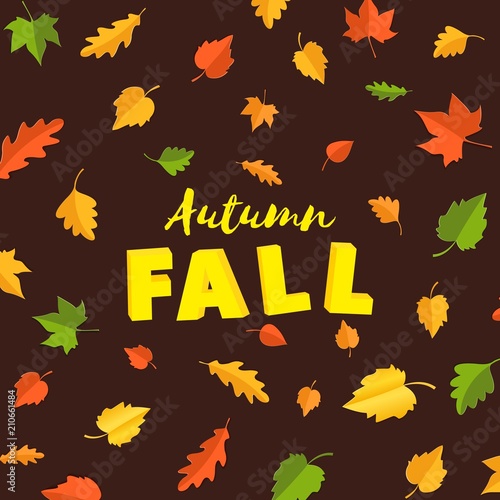 Word Autumn Fall Composition With Green Yellow Red Leaves On Brown
