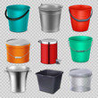 Realistic 3d metal and plastic buckets with handle. Vector collection isolated on white background