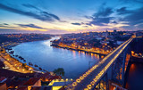 Fototapeta Miasto - Porto, Portugal. Evening sunset panoramic view at nighttime town