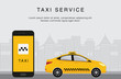 Taxi service. Mobile phone with taxi app and yellow taxi on city background. Flat vector illustration. Call a taxi