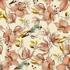 Poster - Pink flowers and birds pattern