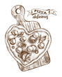 Heart-shaped Pizza with mozzarella,  basil and olives on a wooden cutting board. Italian cuisine. Ink hand drawn Vector illustration. Top view. Food element for menu design.