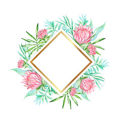 Poster - Banner with pink flowers and green palm leaves