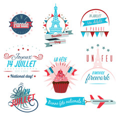 Set of Happy Bastille Day greetings card design. 14th july independence day vive la france Creative Vector illustration, card, banner or poster for French National holiday.